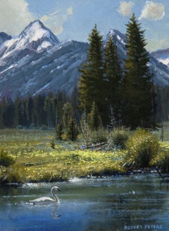 Living Waters - Studio, Paesaggio montano sereno, Olio su tela, 12 x 9
