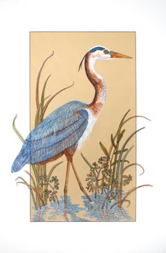 "A guado", airone azzurro maggiore. Guazzo e inchiostro su carta, 39 x 27