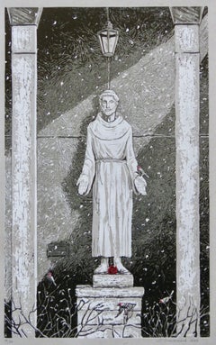San Francesco nella neve, stampa originale in linoleografia a riduzione, 17 x 10