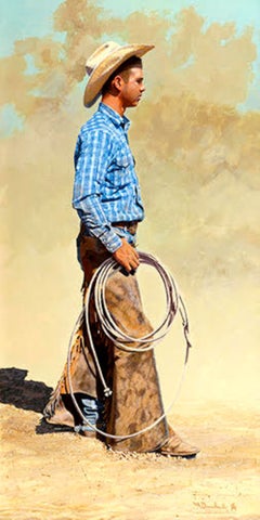« Cowboy de l'Arizona », technique mixte sur panneau, acrylique et aquarelle, style réaliste, encadré