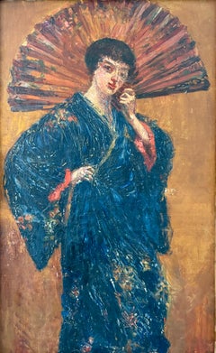 Portrait of an Elegant Woman in a Blue Kimono: French Japonism, Monogrammed