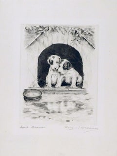 Marguerite Kirmse Original Pencil Signed Dog Subject Etching "April Showers"