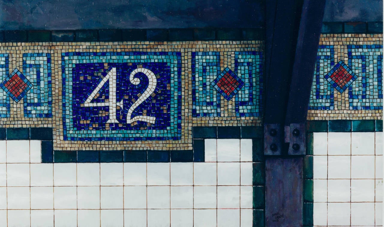 Daniel Greene Interior Painting - 42ND ST., hyper-realism, new york city subway sign, mosaic, blue, white letters