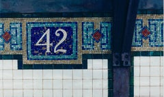 42ND ST., hyper-realism, new york city subway sign, mosaic, blue, white letters