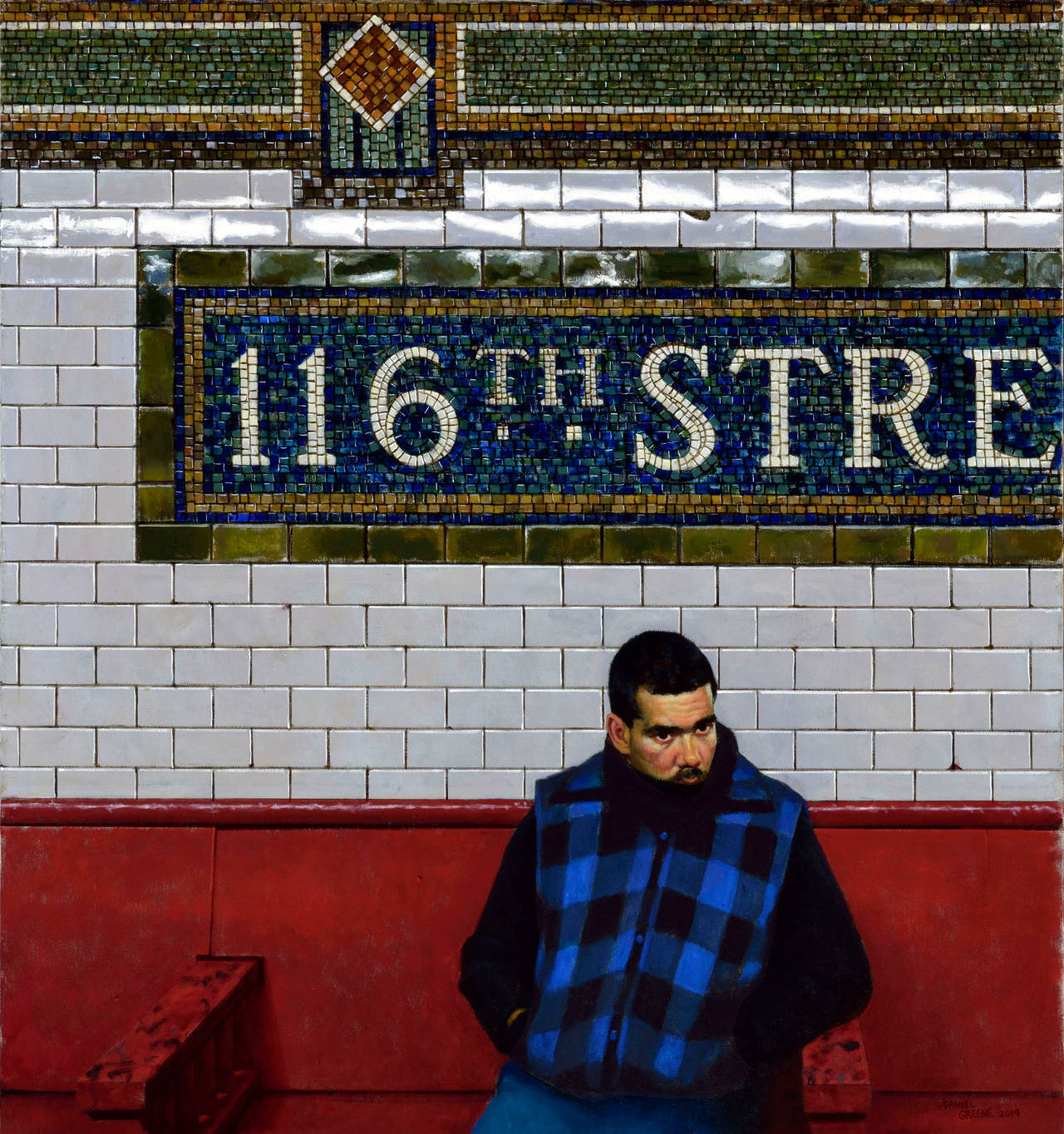 Daniel Greene Figurative Painting - RED BENCH- 116TH STREET, hyper-realism, man in chair, red bench, blue jacket