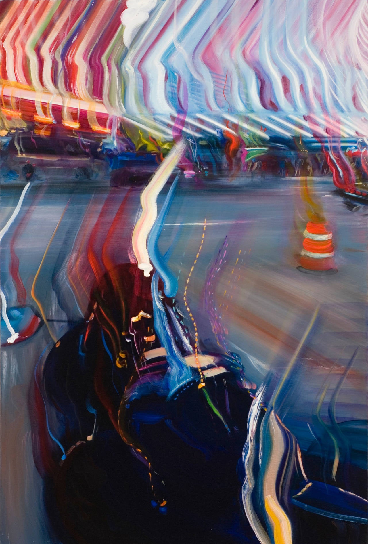 Alexandra Pacula Landscape Painting - FRIVOLOUS ERRAND, blurry lights, motor cycle, orange cone, neon lights, street