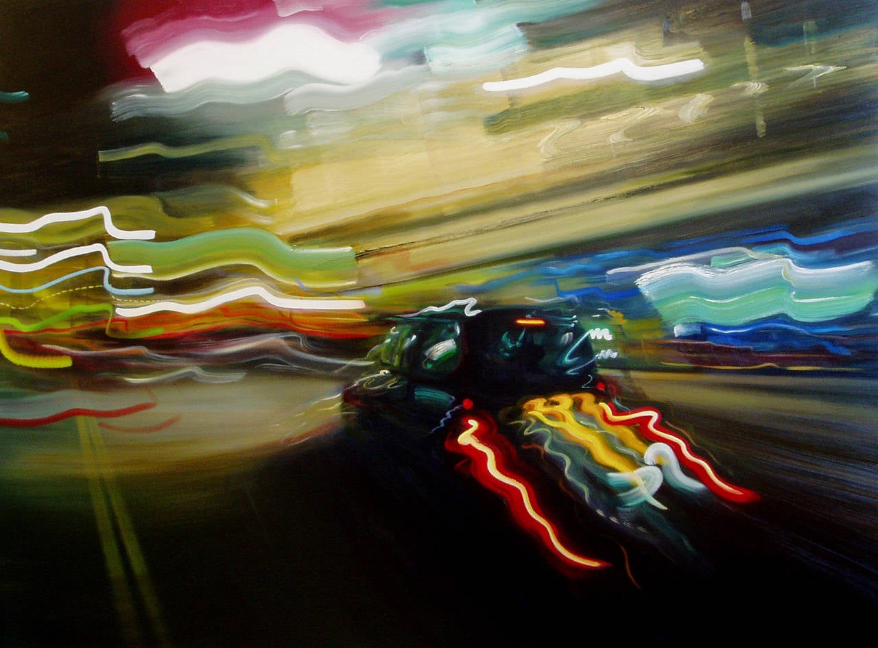 Alexandra Pacula Landscape Painting - REGAL INCIDENCE, car on road, blurry lights, bright lights, red, white, yellow