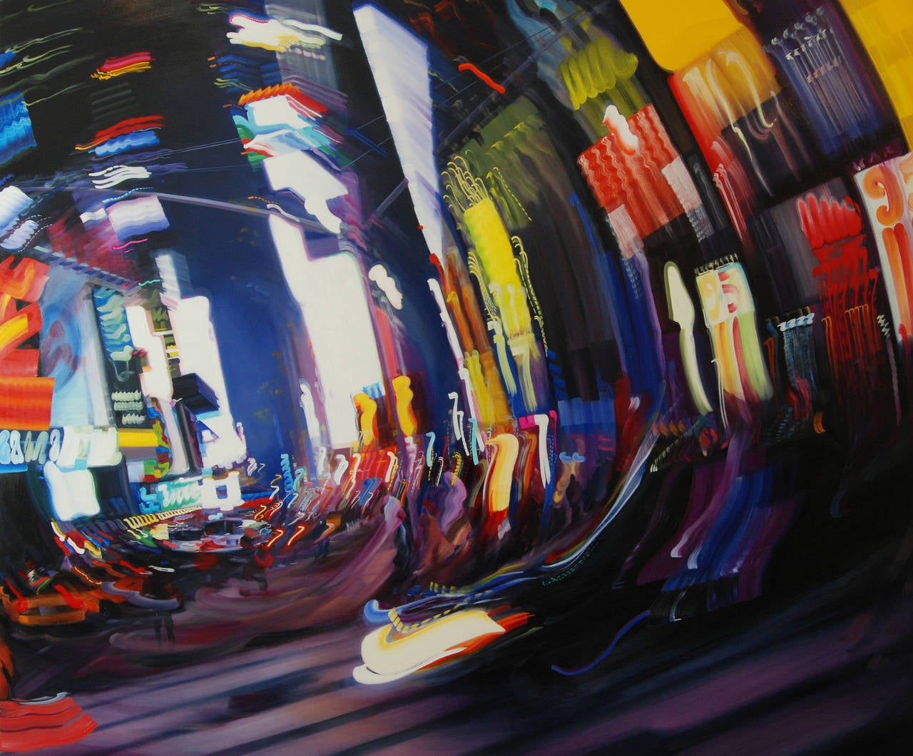 Alexandra Pacula Landscape Painting - PROGRESSIVE CURRENT, time square at night, distorted perspective, neon lights