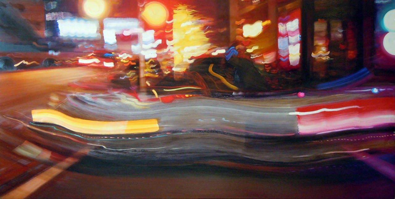 Alexandra Pacula Abstract Painting - ROUSING HASTE, street corner, cityscape, blurry lights, red, road