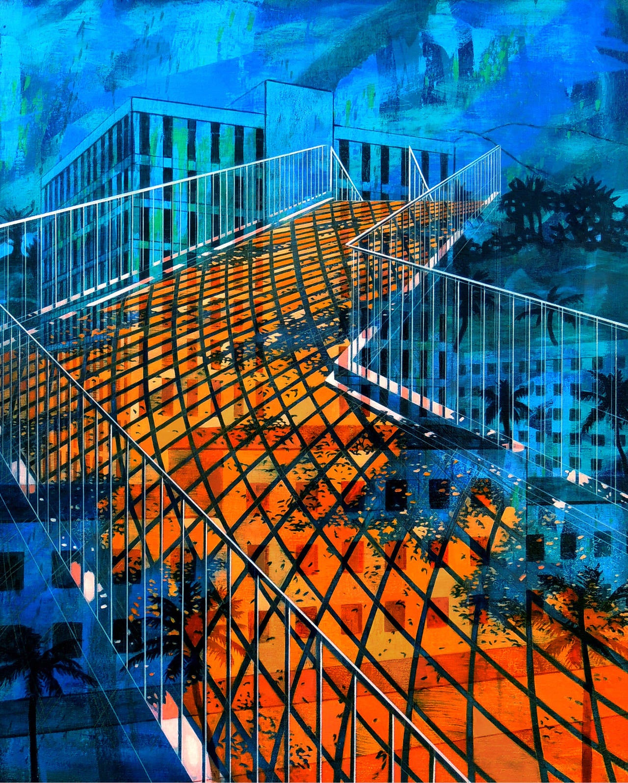 Todd Lanam Landscape Painting - SAN MATEO SKATE SPOT, bright orange, blue, overlaid perspectives, staircase