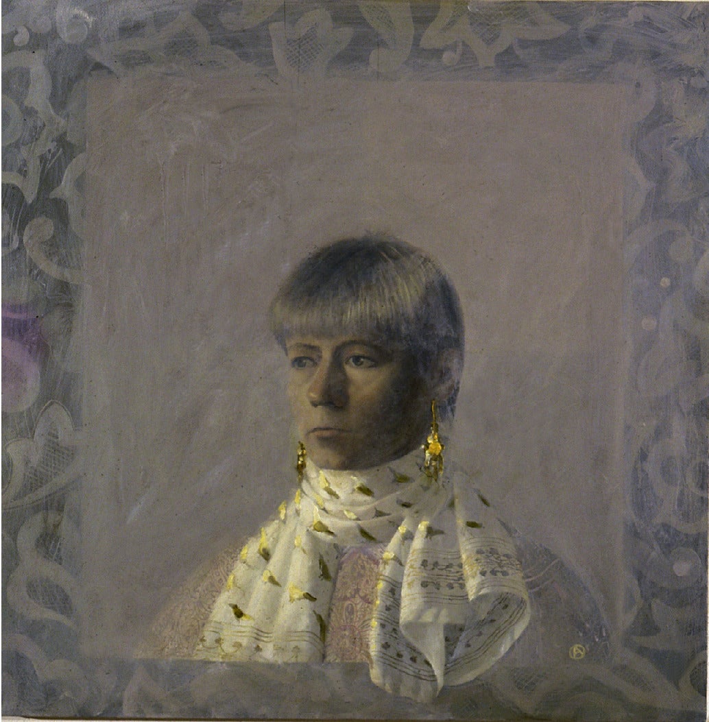 Olga Antonova Portrait Painting - SELF PORTRAIT WITH SCARF - Female Portrait with Muted Colors and Gold Earrings