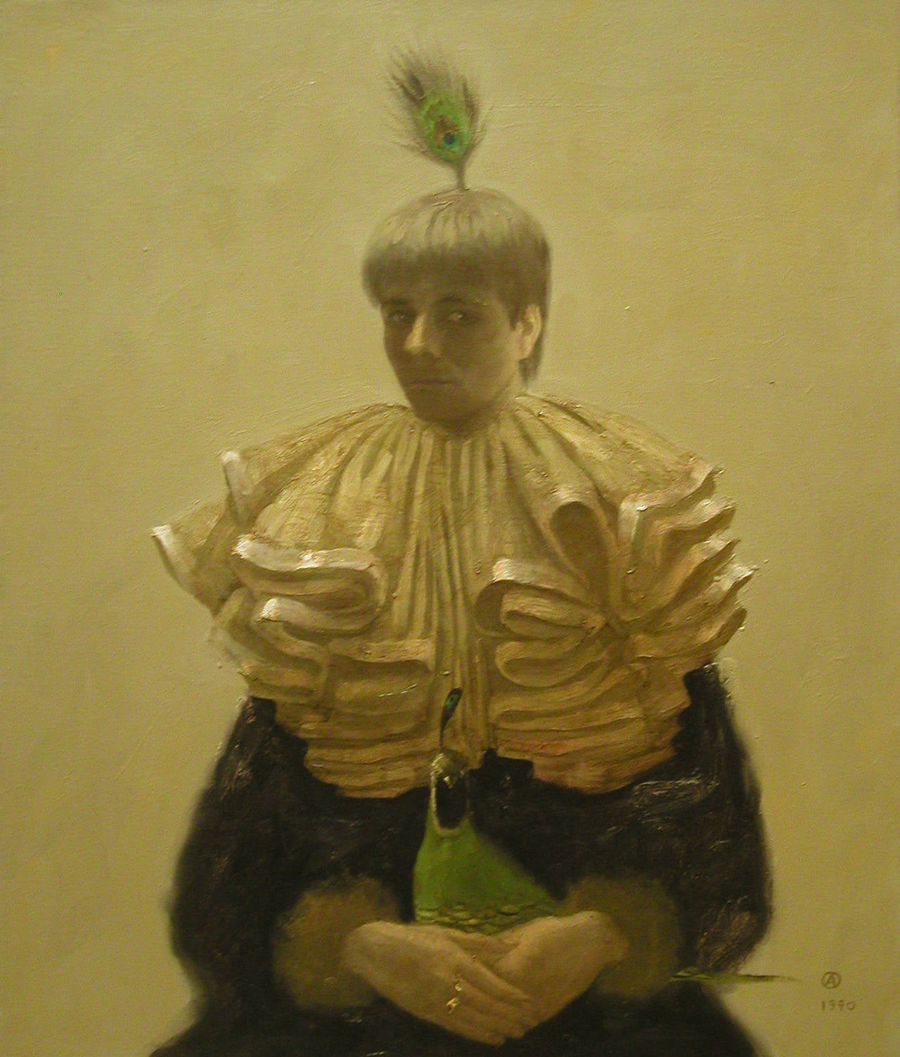 SELF-PORTRAIT WITH PEACOCK, hyper-realist portrait, giant neck piece, animal