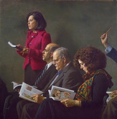 AT THE AUCTION, photo-realism, colorful scarf, red jacket, people at auction