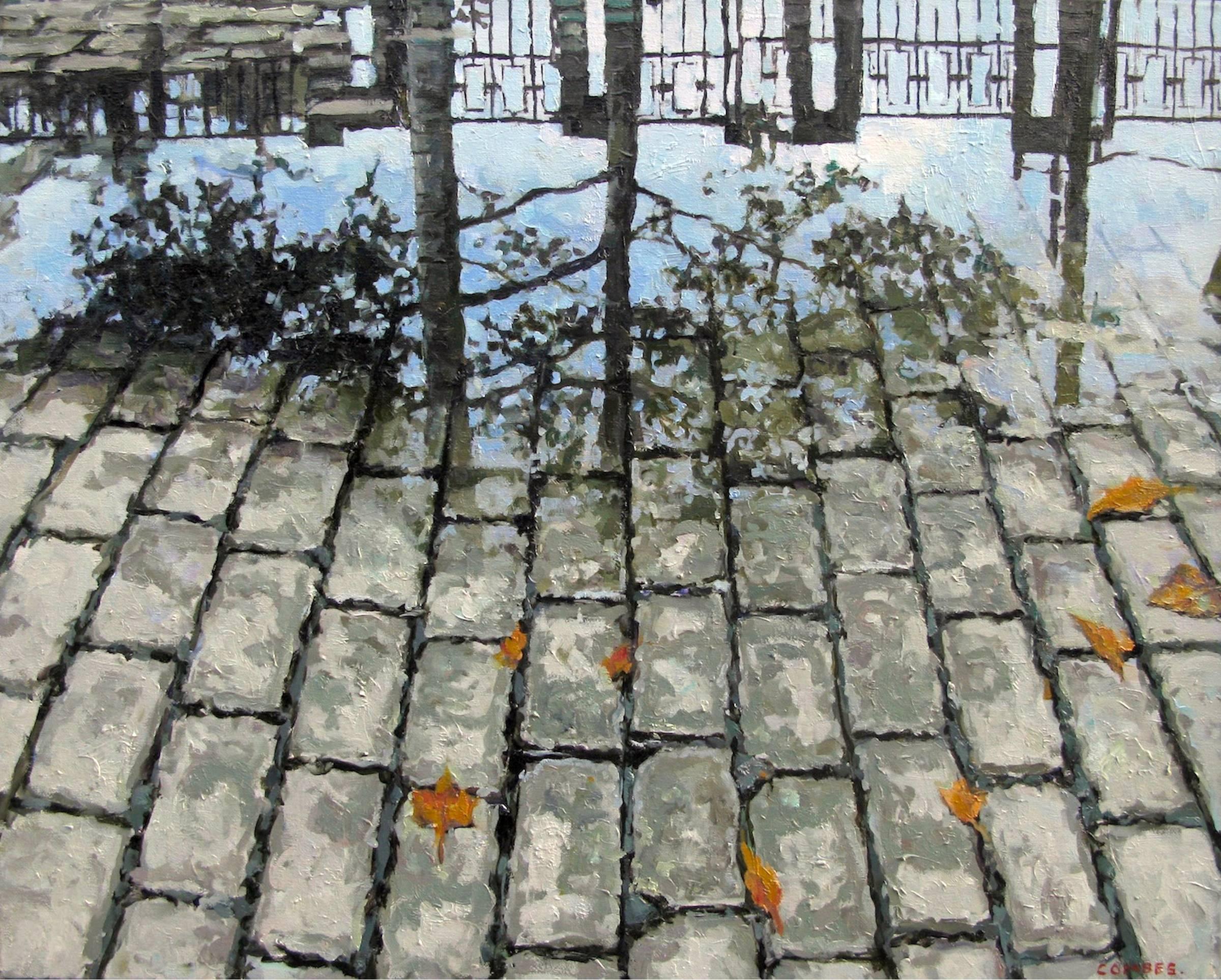 Richard Combes Landscape Painting - REFLECTED RAILING - Puddle on Cobblestone / Hyper-realism / Reflection in water