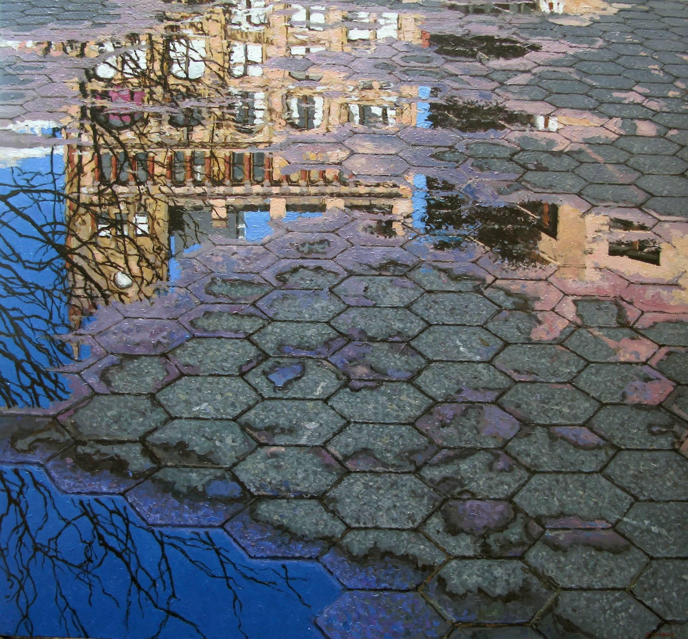 Richard Combes Landscape Painting - UNION SQUARE REFLECTION, hyper-realism, new york city, reflection in puddle