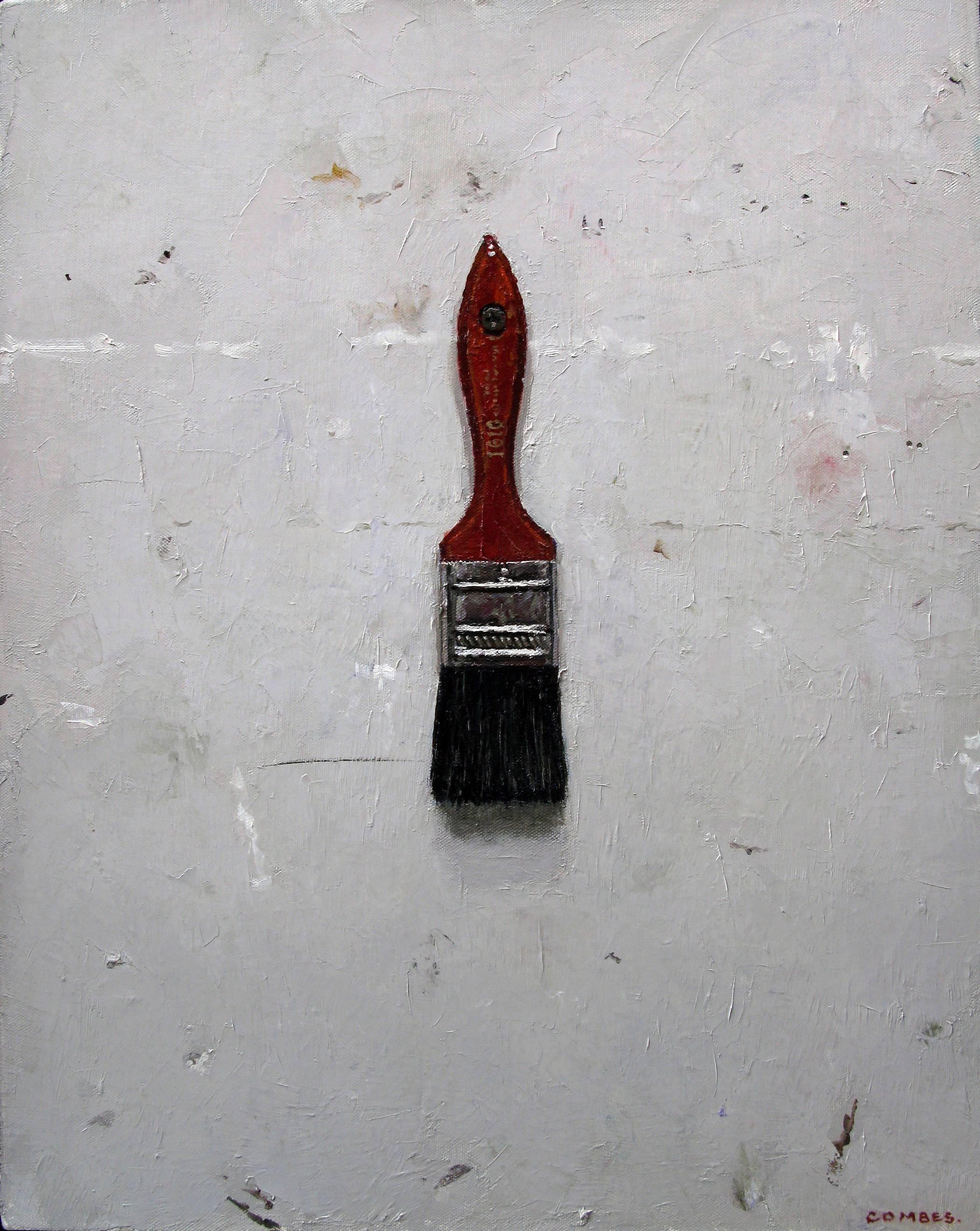 Richard Combes Still-Life Painting - The Paint Brush, Realist Still Life Oil Painting, Trompe L'oeil, Red, Grey, Gray