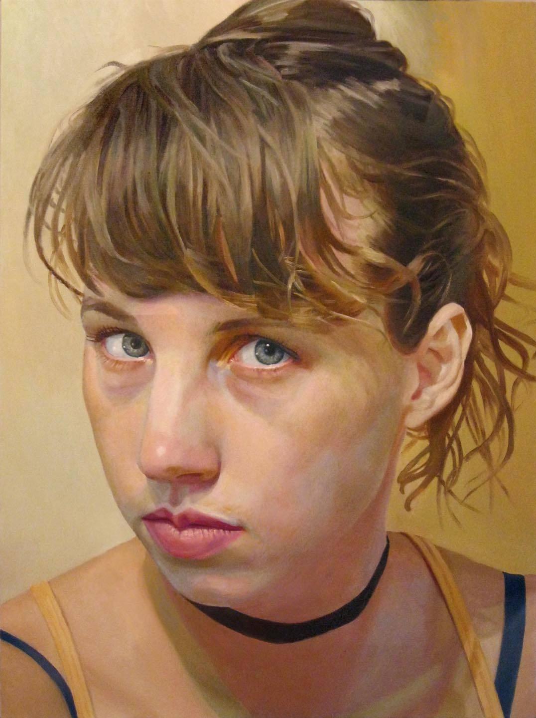 Stephen Wright Portrait Painting - CATHERINE 3, hyper-realism, portrait, blue eyes, woman staring, pony tail