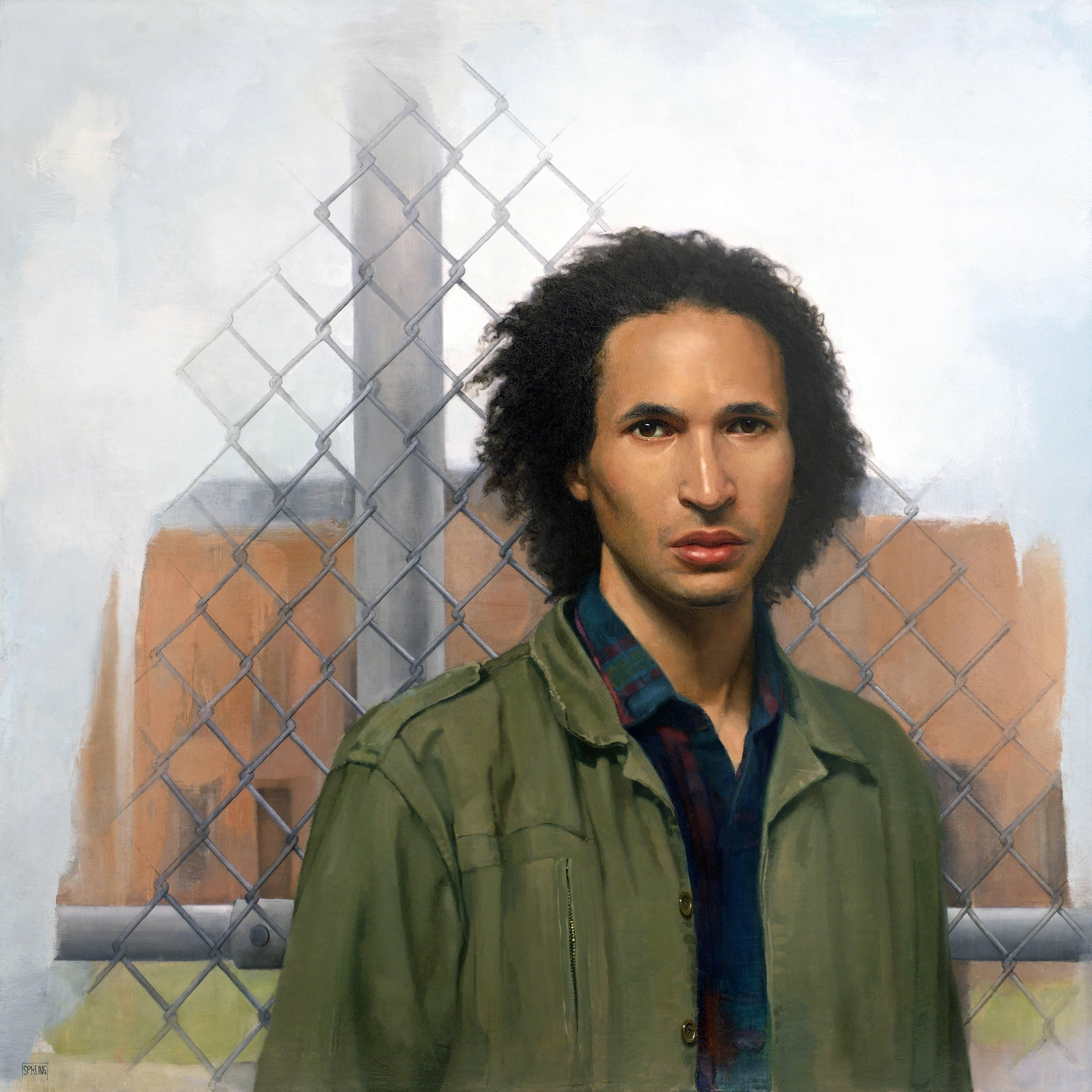 Sharon Sprung Figurative Painting - THE REFUGEE, portrait, man on the street, green jacket, chain link fence