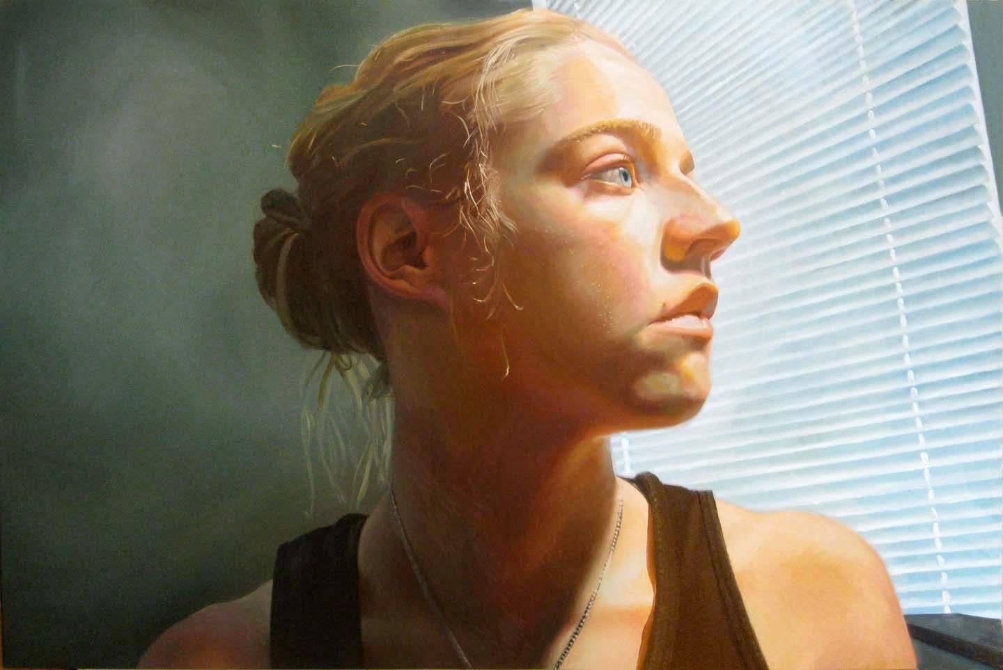 Stephen Wright Portrait Painting - KAREN JEAN 3, portrait, photo-realism, light on face, shadows, woman, window