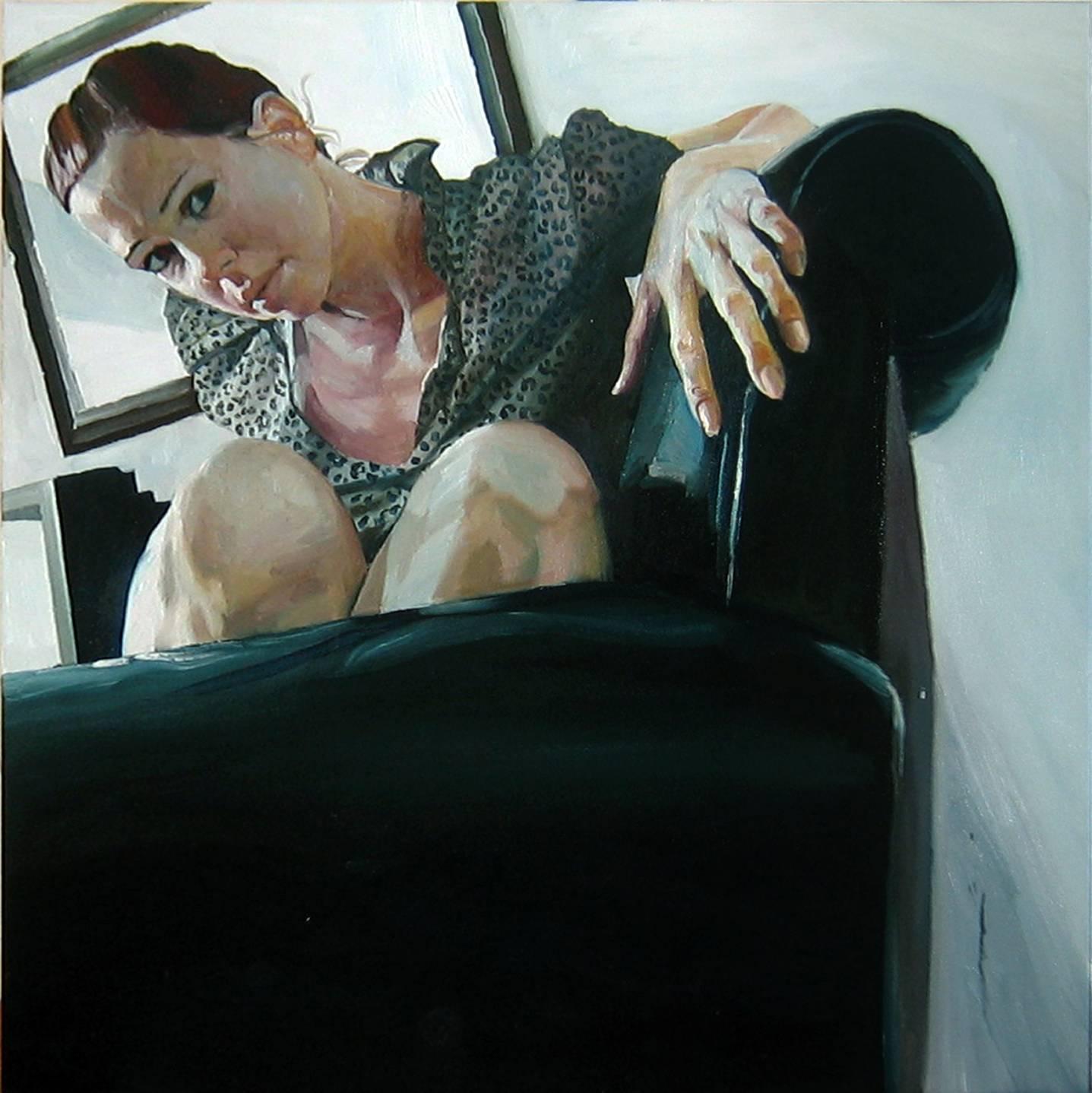 Stephen Wright Portrait Painting - JEN 4, photo-realism, still-life, women in chair, staring, leopard print
