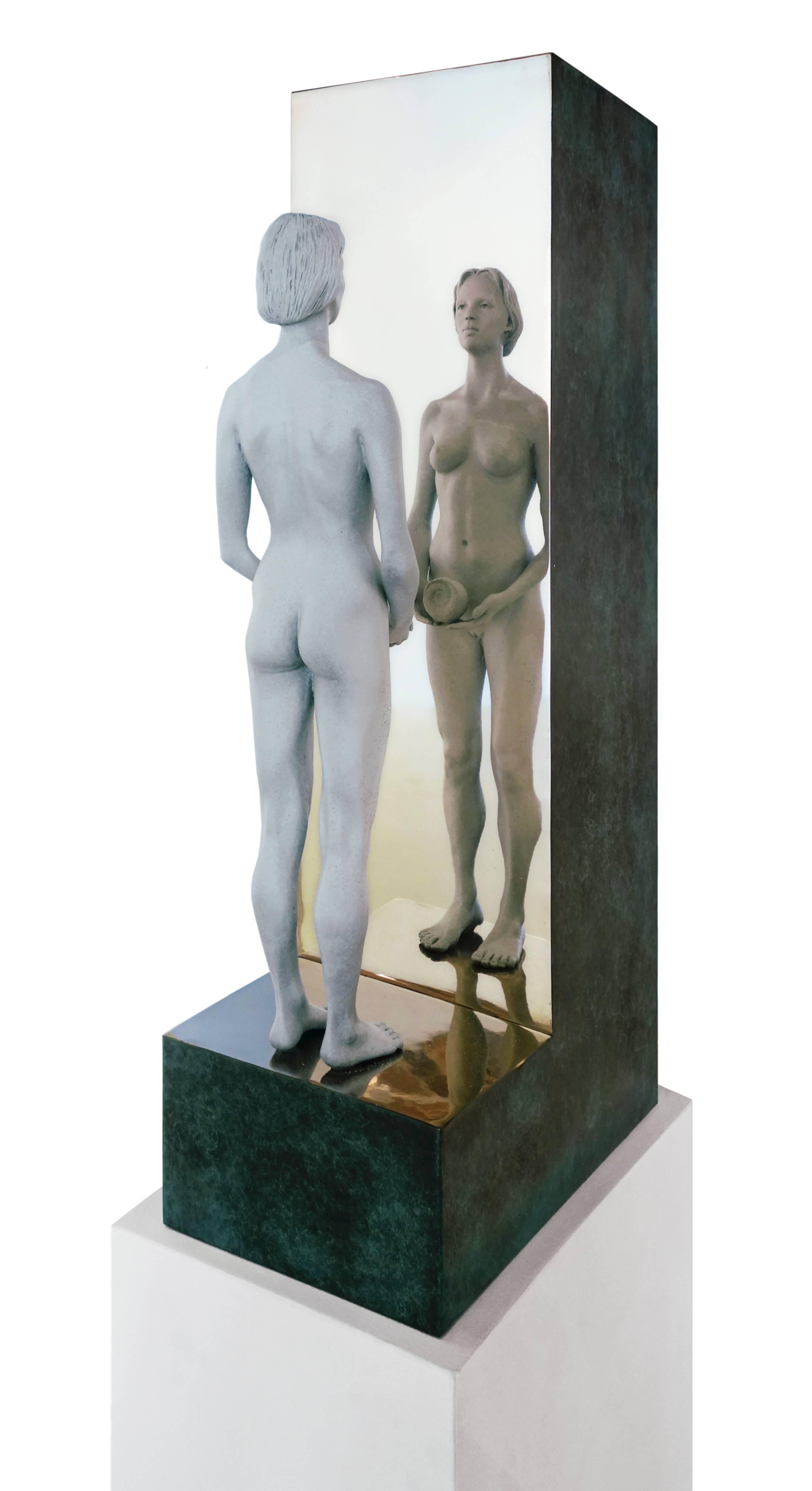 REFLECTIONS WITH AMMONITE, sculpture, mirror, figure staring in mirror - Sculpture by Don Gale