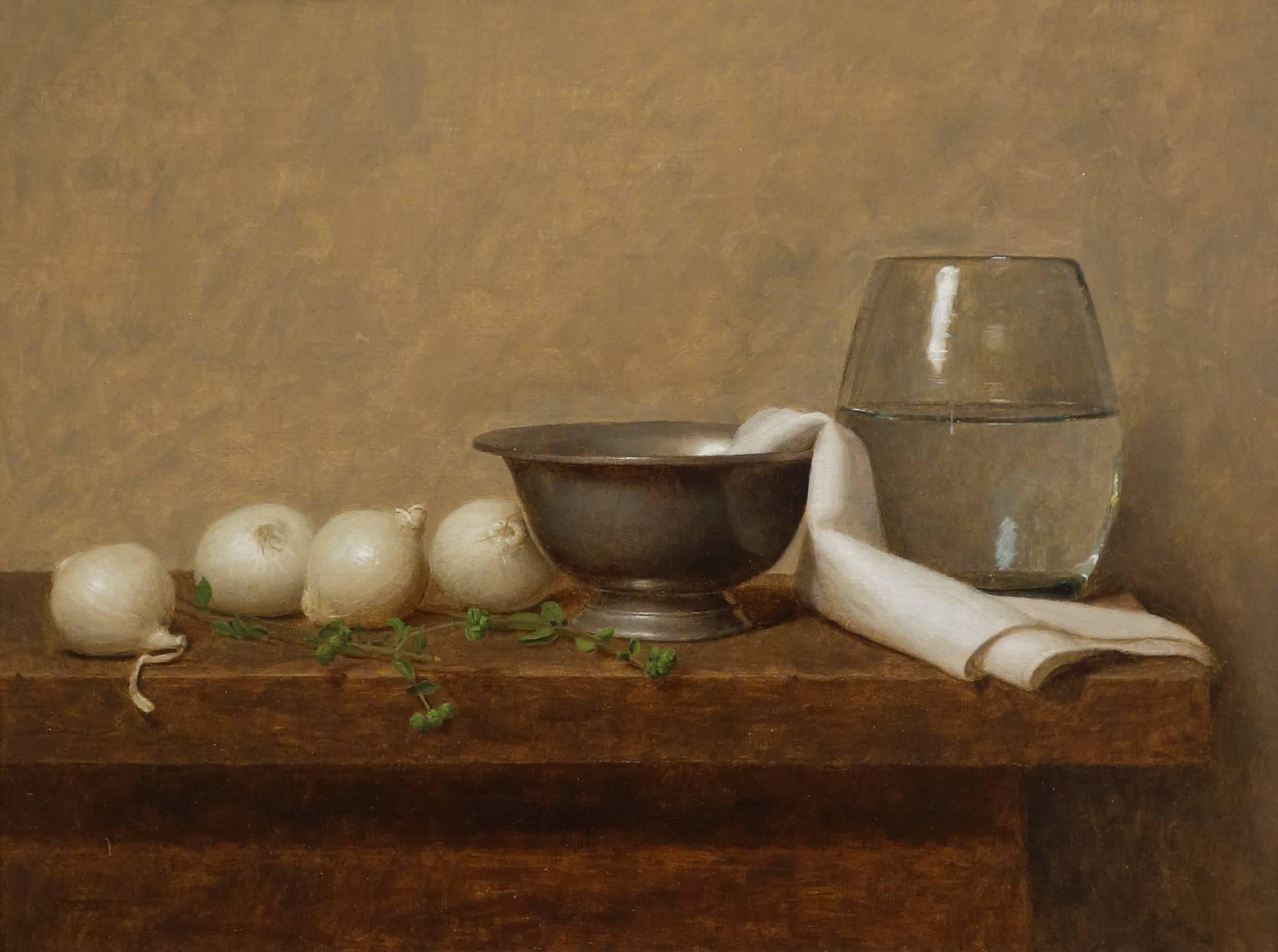 Justin Wood Still-Life Painting - STILL LIFE WITH WHITE ONIONS AND OREGANO, photo-realism, still-life, ingredients