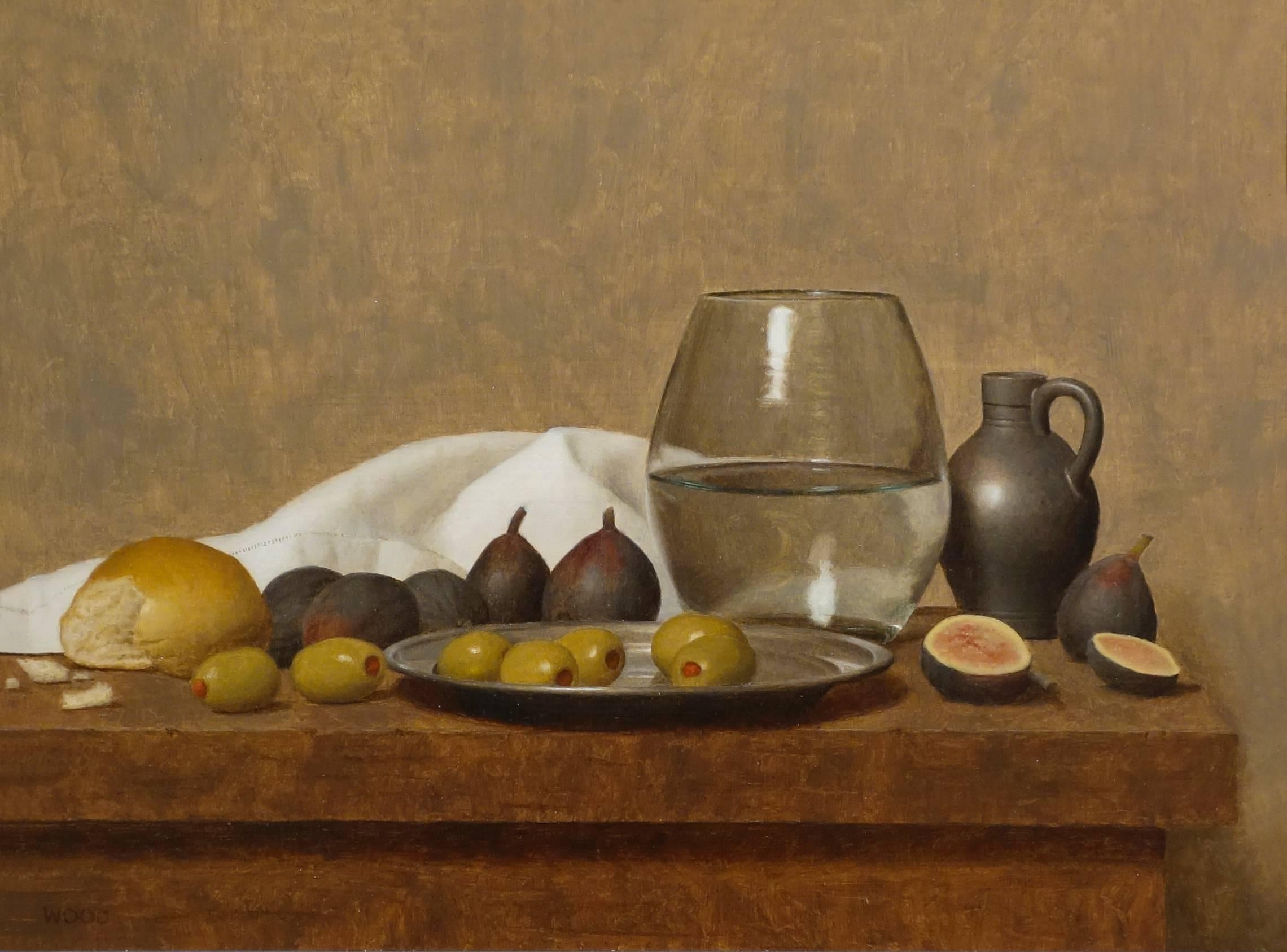Justin Wood Still-Life Painting - OLIVES AND FIGS, still-life, vegetables, fruits, hyper-realism, glass of water