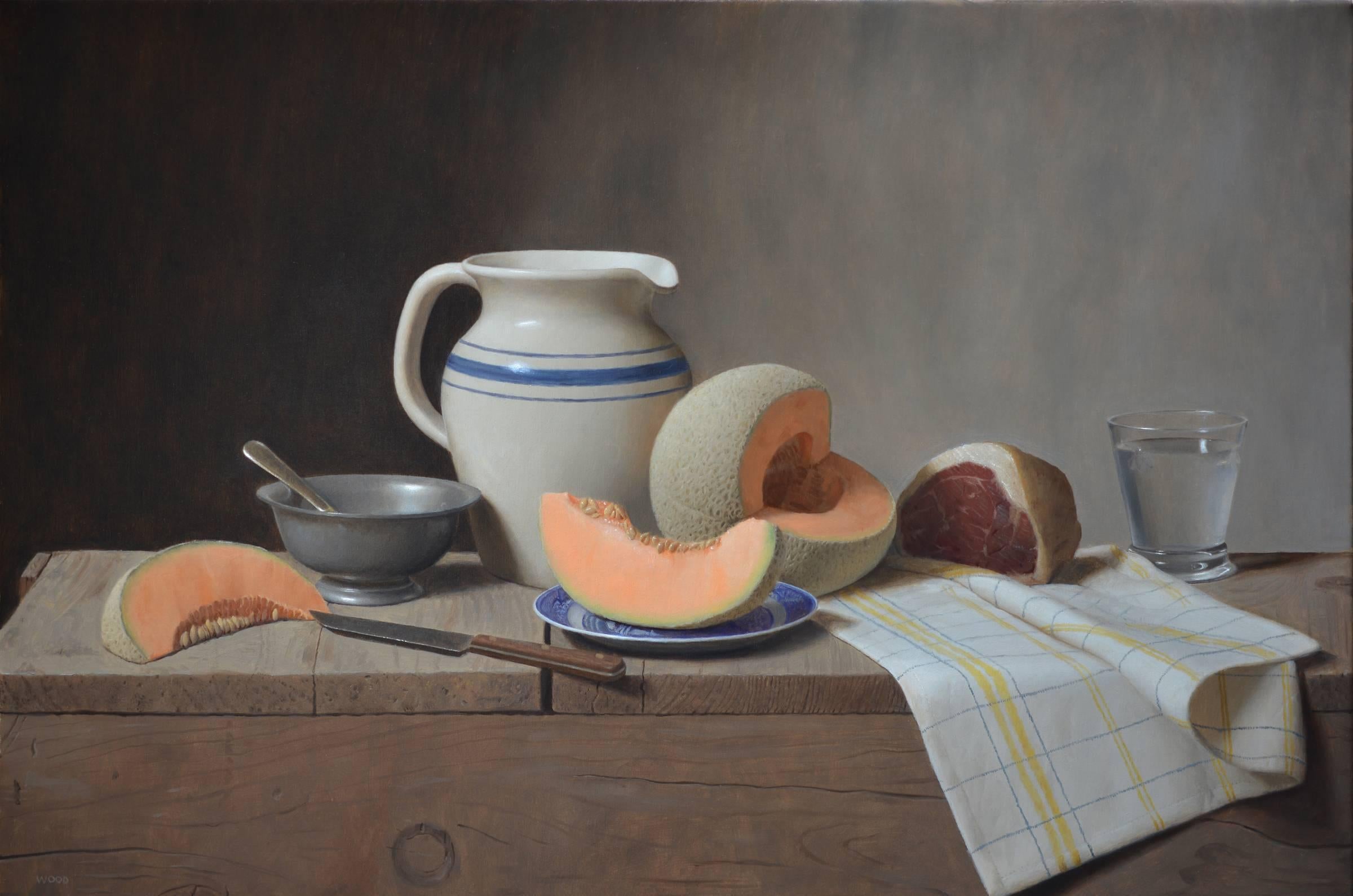 Justin Wood Still-Life Painting - CANTALOUPE AND PROSCIUTTO, still-life, photo-realism, food, fruit, orange, blue