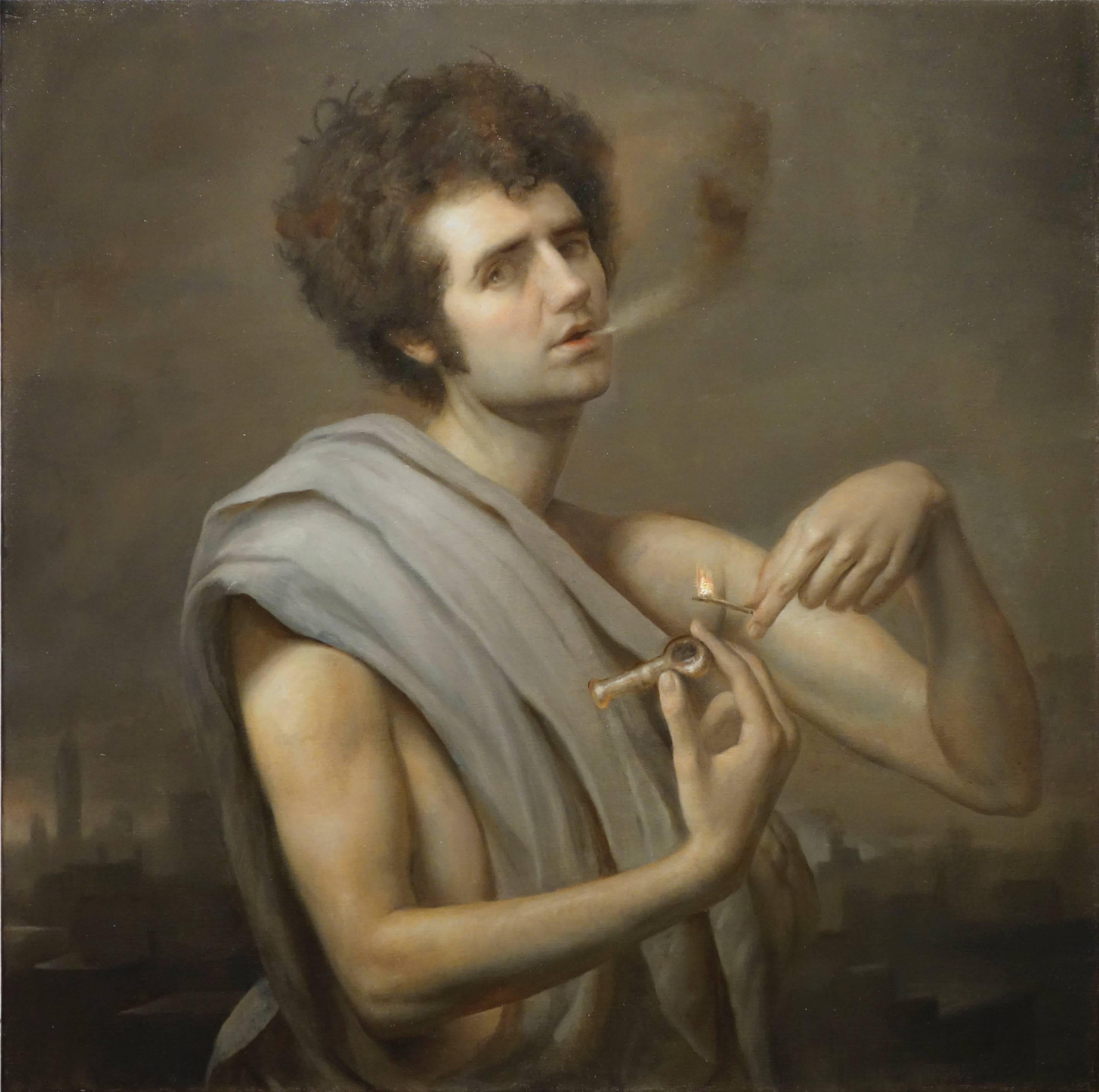 Adam Miller Figurative Painting - BACCHUS WITH PIPE, portrait, hyper-realistic, smoking, pipe, curly hair