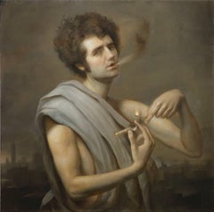 BACCHUS WITH PIPE, portrait, hyper-realistic, smoking, pipe, curly hair