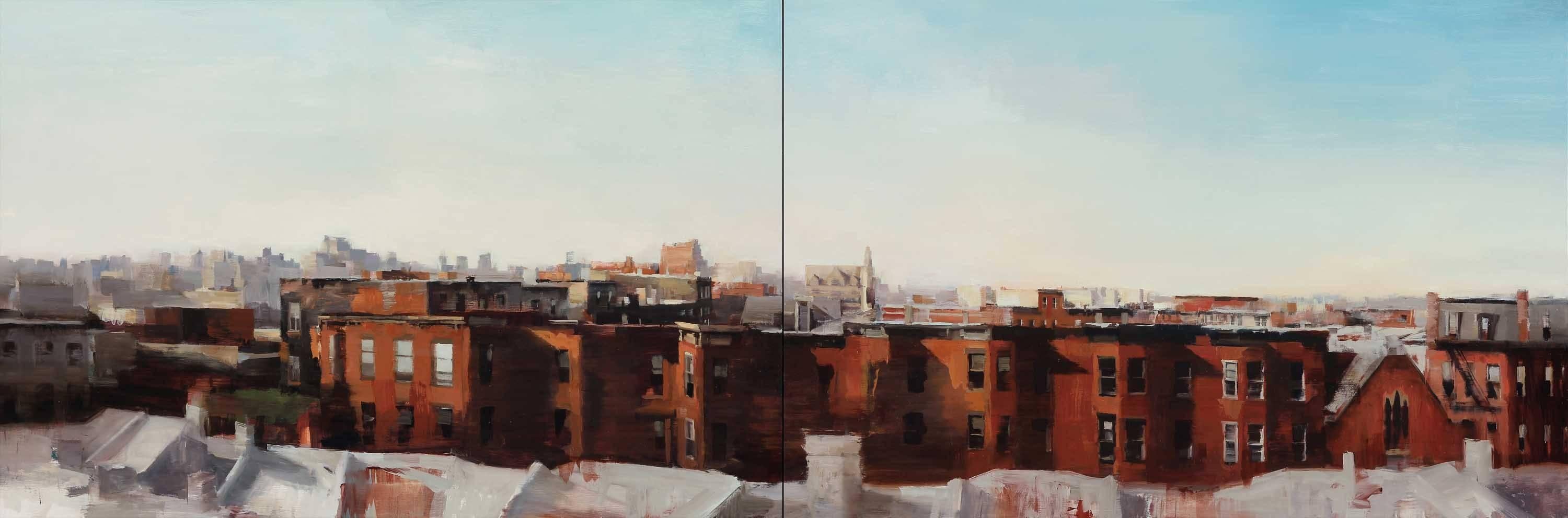 BROOKLYN SUMMERTIME (DIPTYCH), red brick buildings, nyc apartments, brooklyn - Art by Kim Cogan