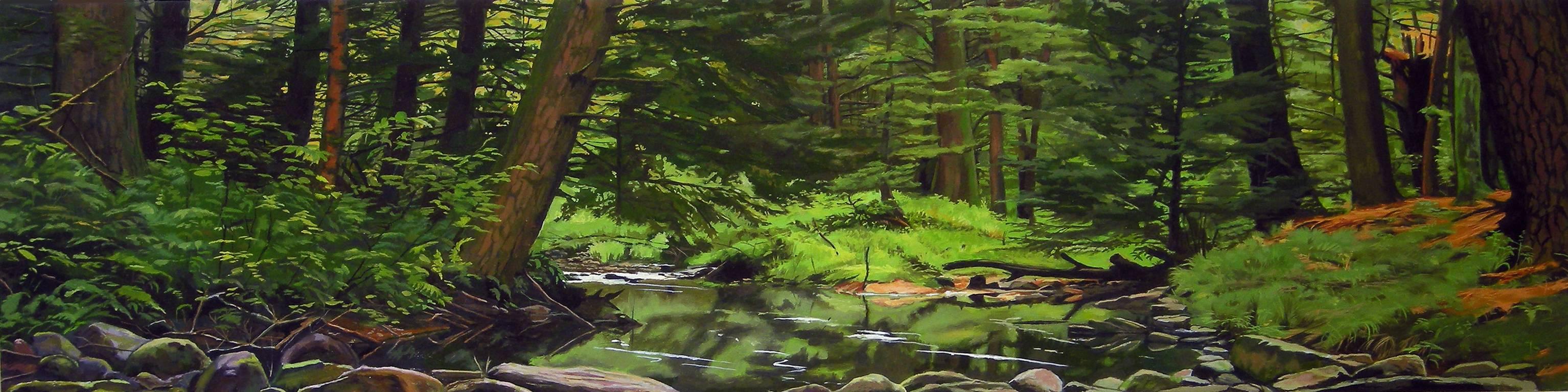 Steve Cope Landscape Painting - WISSAHICKON, photo-realism, woods, green, nature, landscape, panorama