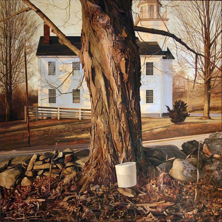 Trey Friedman Landscape Painting - SERVICE, tree, white house in background, hyper-realism, country house, woods