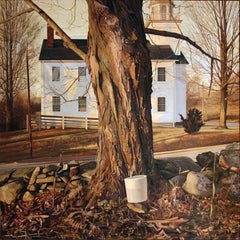 SERVICE, tree, white house in background, hyper-realism, country house, woods