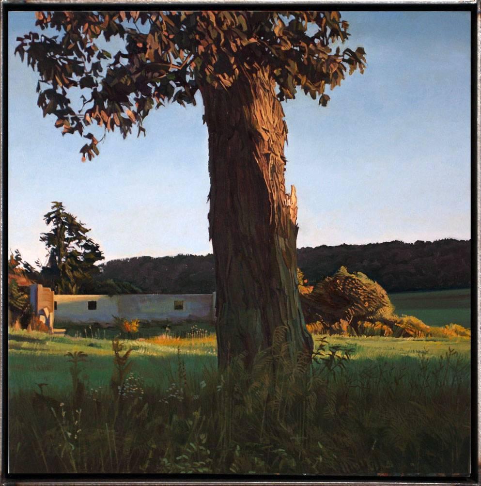 Trey Friedman Landscape Painting - TREES ON A LINE #100, photo-realism, tree in the country, shadows, green