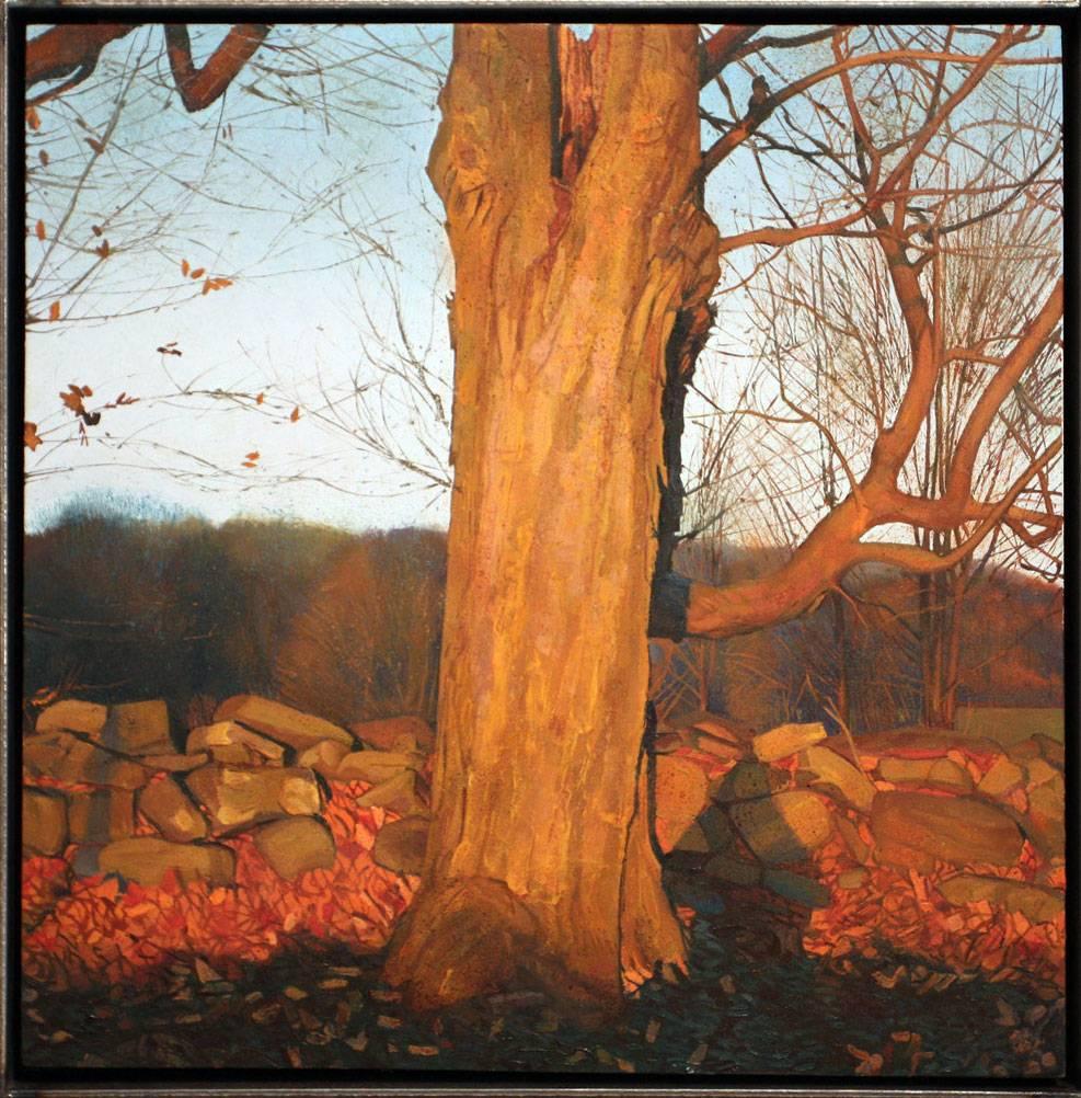 Trey Friedman Landscape Painting - TREES ON A LINE #140, tree against stone wall, country, winter time
