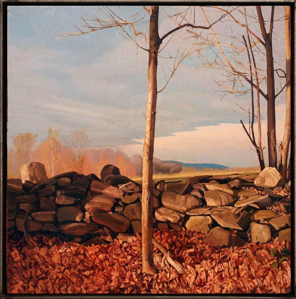 Trey Friedman Landscape Painting - TREES ON A LINE #23, hyper-realism, stone wall, farmland, dusk lighting