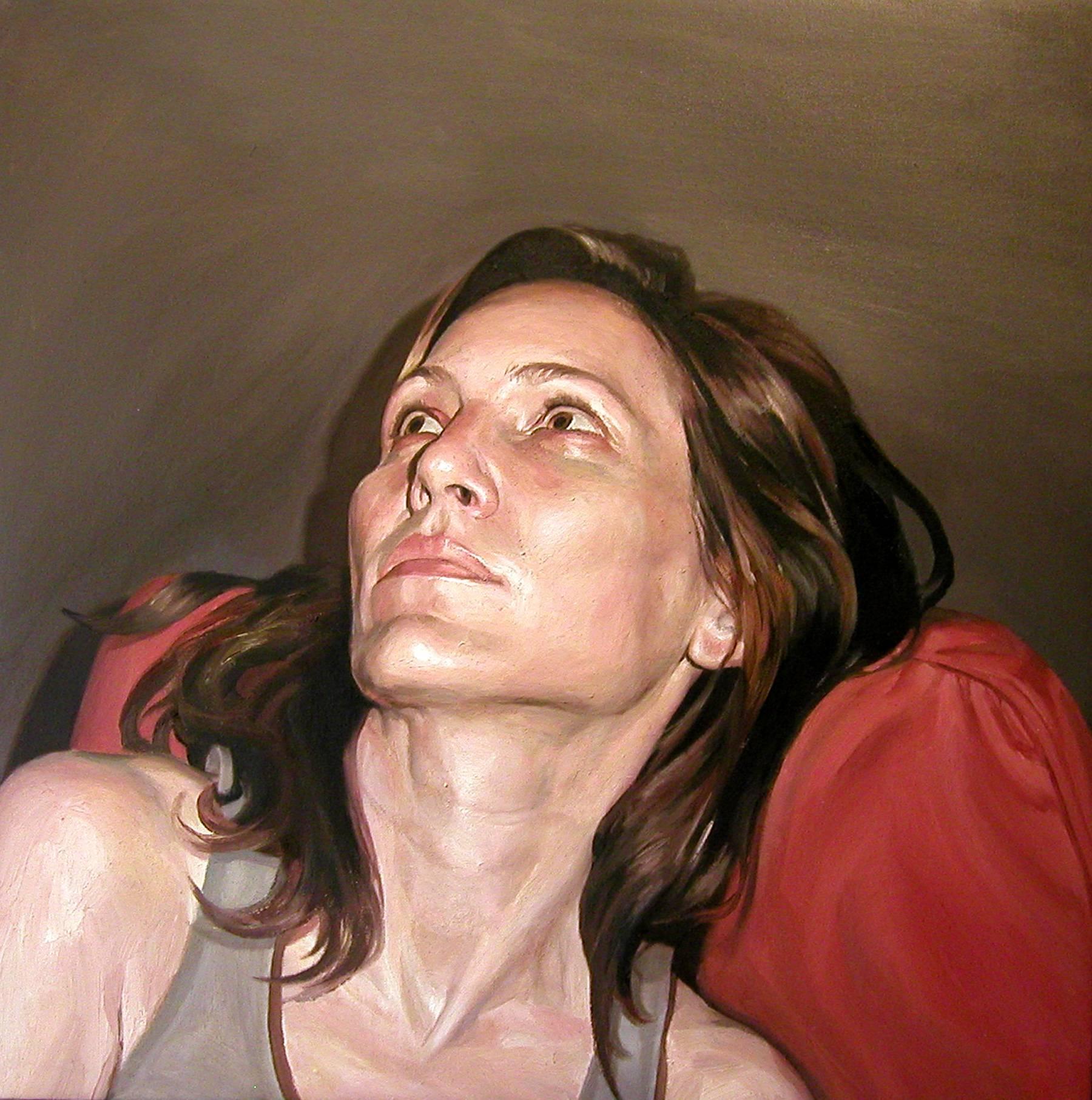 Stephen Wright Figurative Painting - LORI, portrait, photo-realism, long hair, red pillow, long brown hair, eyes 