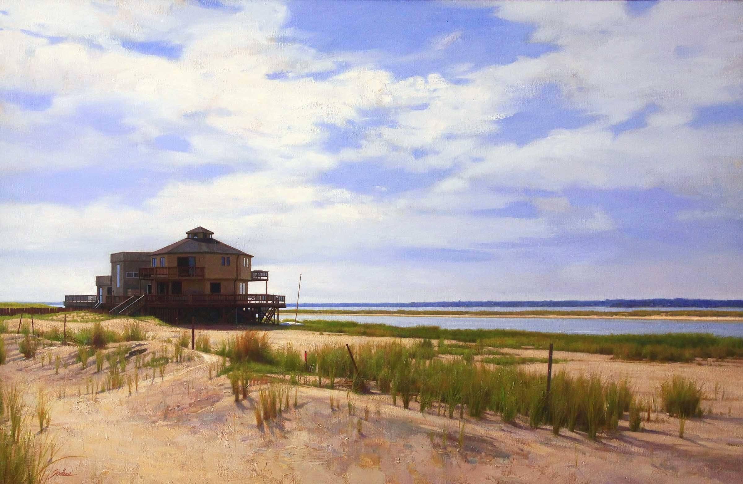 Gary Godbee Landscape Painting - SOUTHAMPTON BAY, landscape, photo-realism, house on the water, sand, ocean