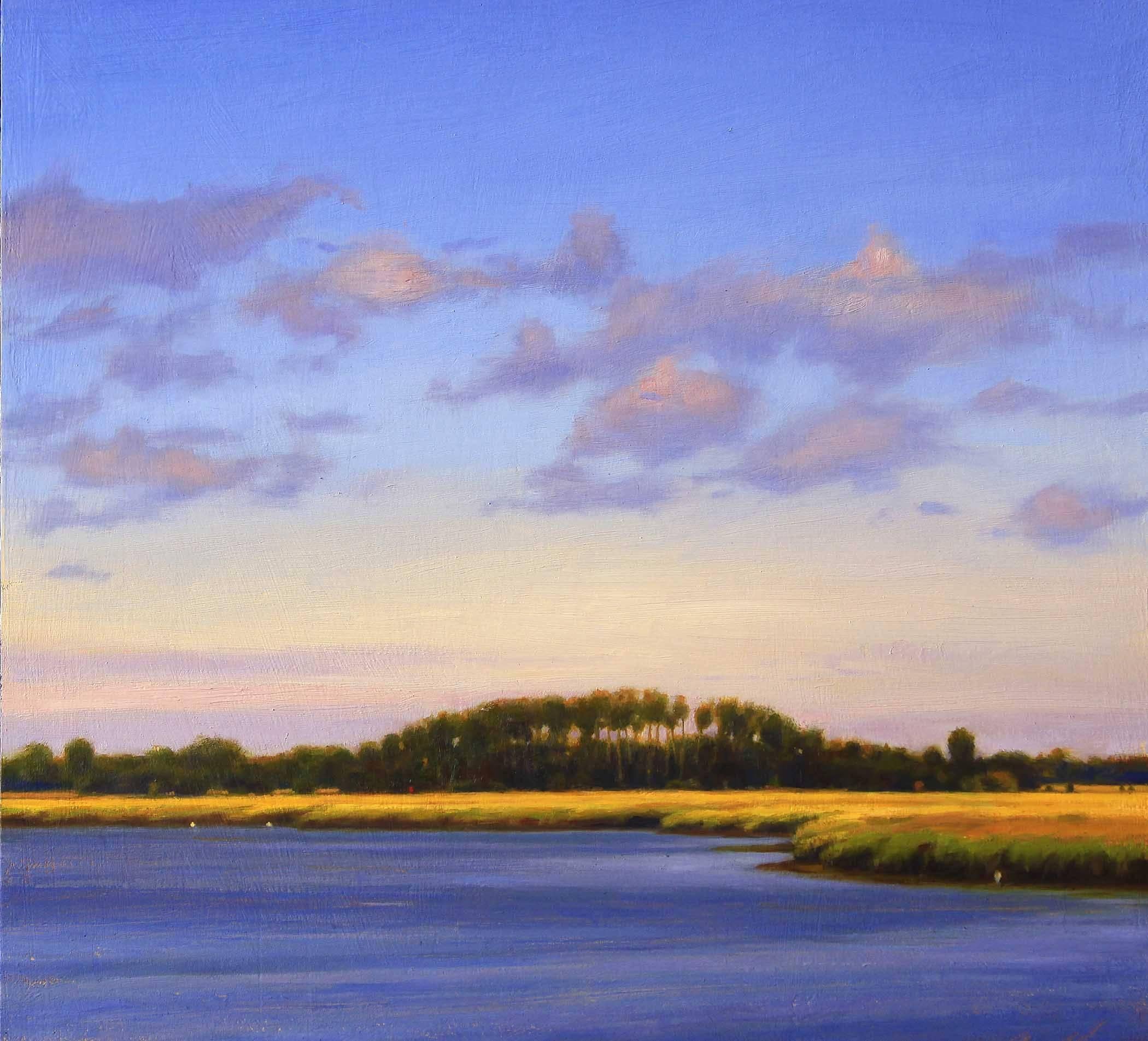 Gary Godbee Landscape Painting - CAPE MAY FIELD, landscape, photo-realism, blue water, marsh lands, blue sky