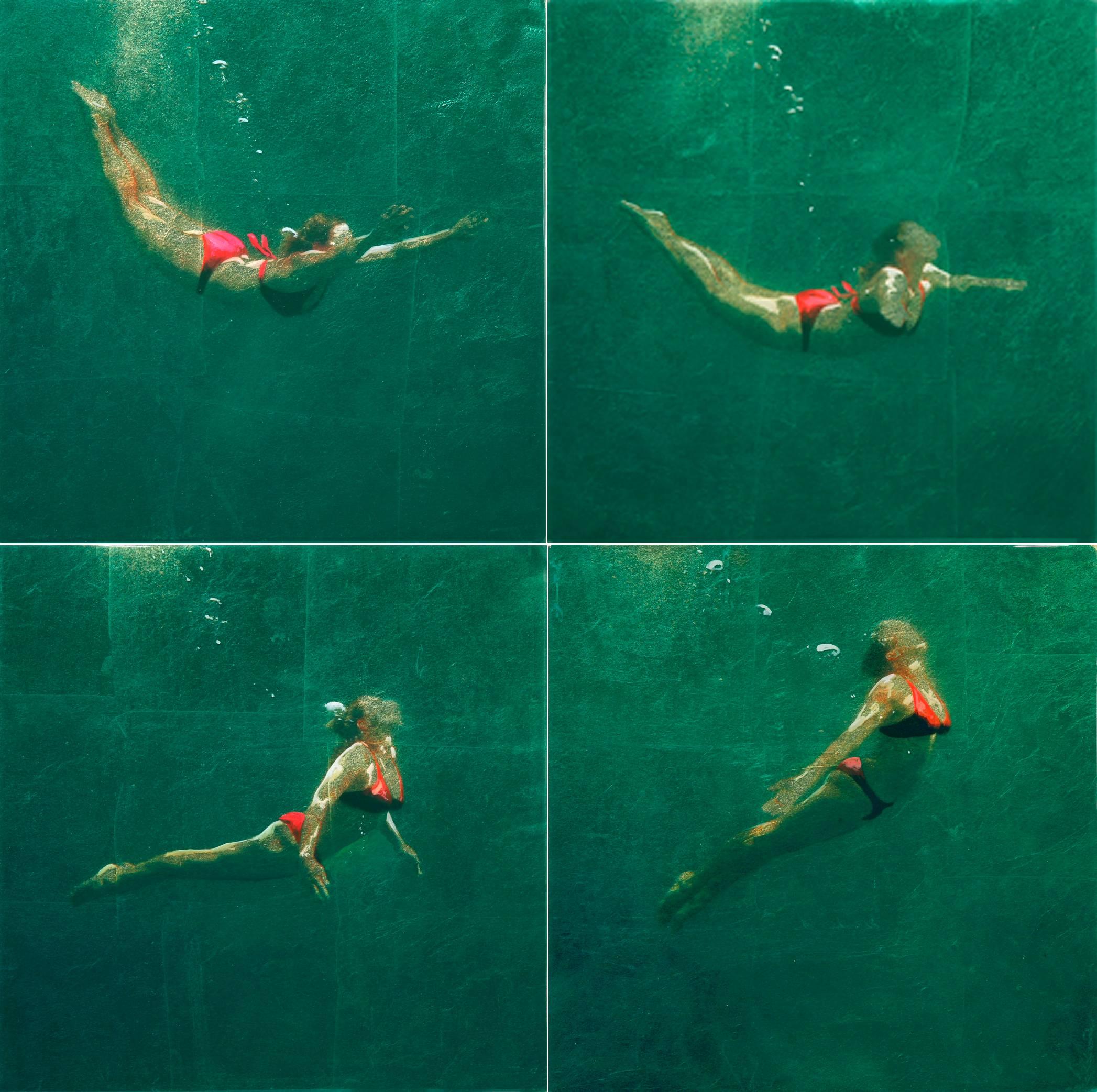 RISING UP (QUAD), photo-realism, women underwater, green water, red bikini - Mixed Media Art by Eric Zener