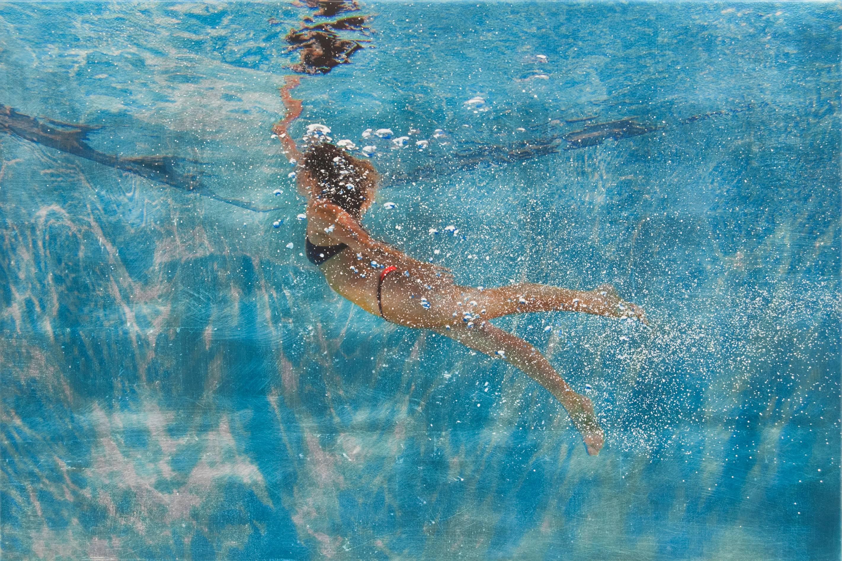 BACK TO THE SURFACE, woman swimming underwater, photo-realism, blue, light  - Mixed Media Art by Eric Zener