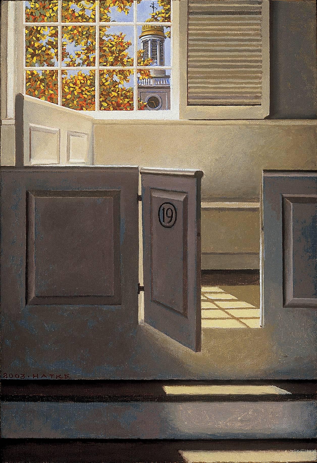 Walter Hatke Interior Painting - BENNINGTON LIGHT, photo-realism, light in window, indoors, wood, shadows