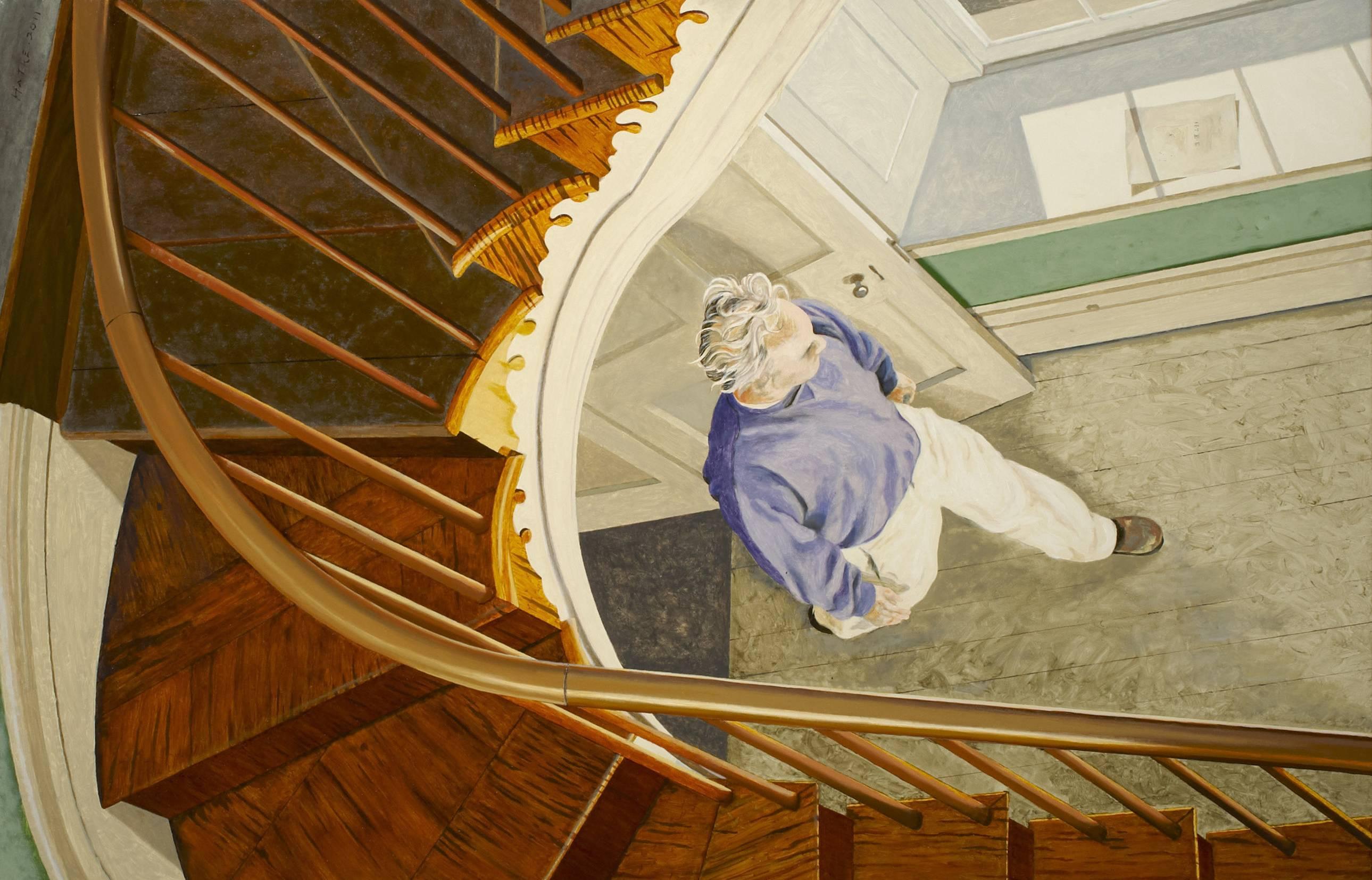 Walter Hatke Figurative Painting - SAINT FRANCIS, man walking down hallway, photo-realism, grey hair, wood stairs