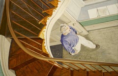 SAINT FRANCIS, man walking down hallway, photo-realism, grey hair, wood stairs