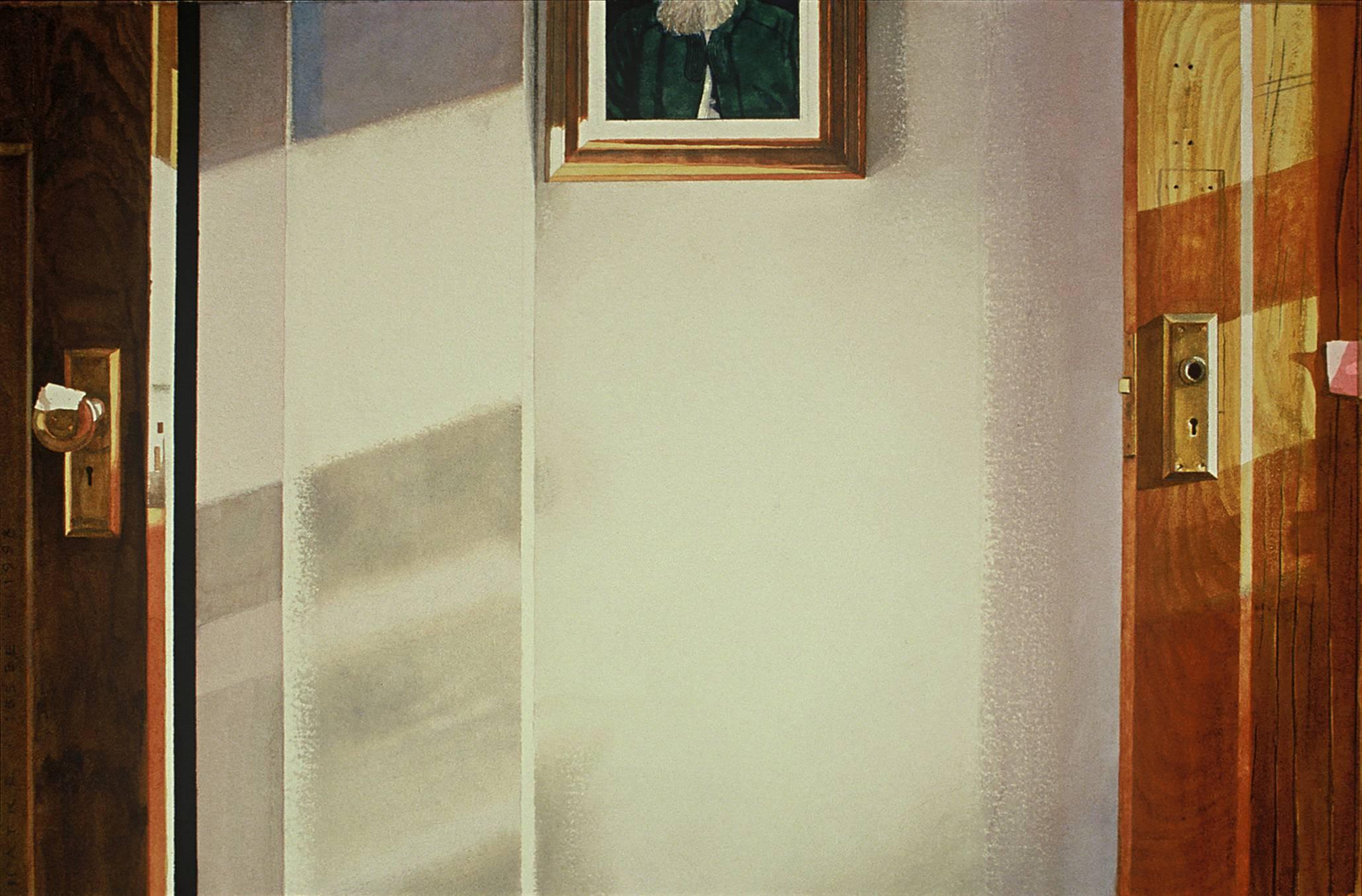 Walter Hatke Interior Art - SERVANT'S LIGHT, photo-realism, white wall, shadows, reflection of sun, wood