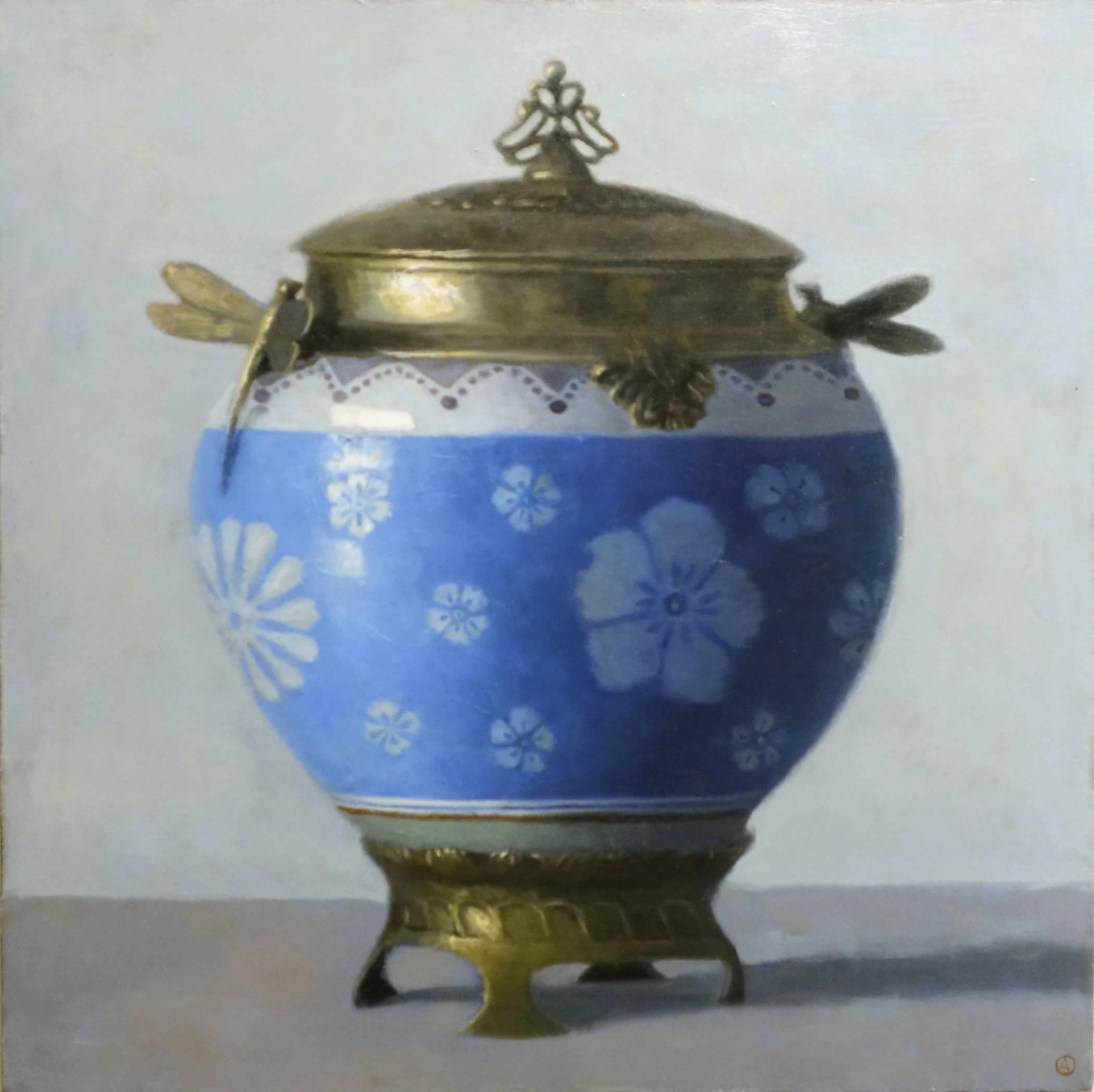 Olga Antonova Still-Life Painting - URN WITH DRAGONFLIES, fine china, still-life, photo-realism, blue, white