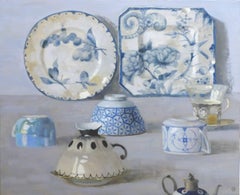 COMPOSITION WITH CUPS AND PLATES, photo-realism, still-life, porcelain, blue
