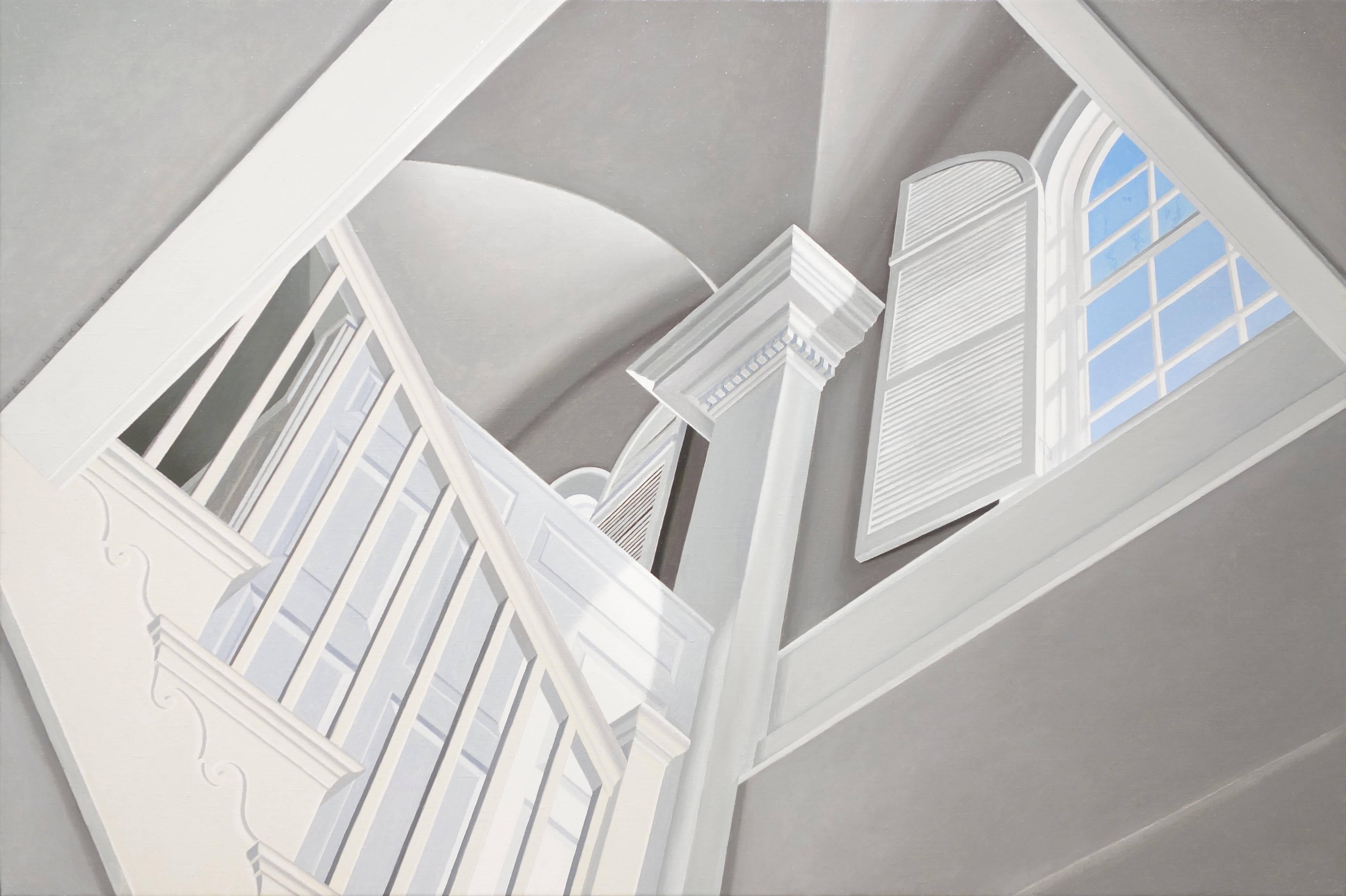 Walter Hatke Interior Painting - STEPS, photo-realistic, white ceiling, blue sky out of window, inside house