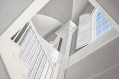 STEPS, photo-realistic, white ceiling, blue sky out of window, inside house